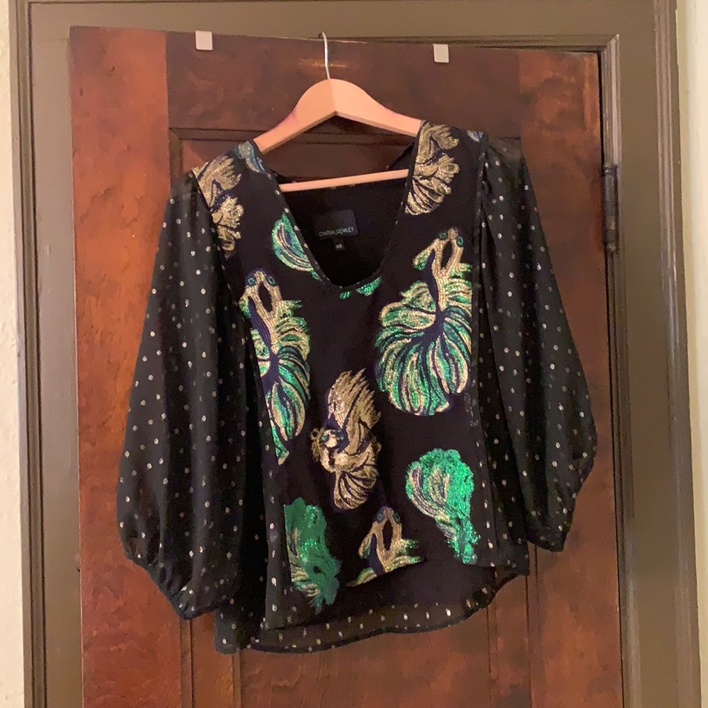 Cynthia Rowley metal contrast black blouse.